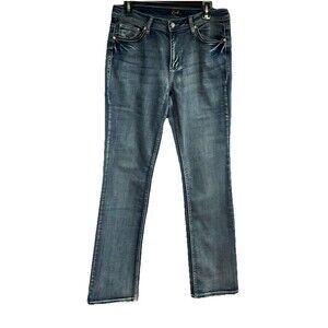 Earl Straight Leg Ladies Size 8 Destressed Blue Jeans Embroidered Gems 5 Pockets